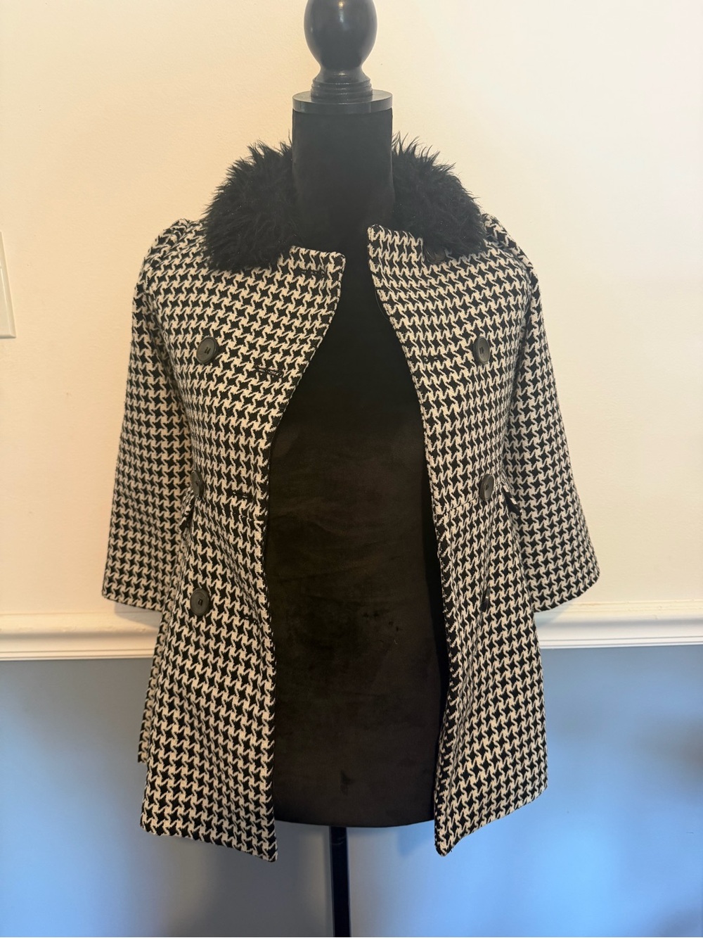 Holiday Editions Black & White Houndstooth Pea Coat with Faux Fur Collar
